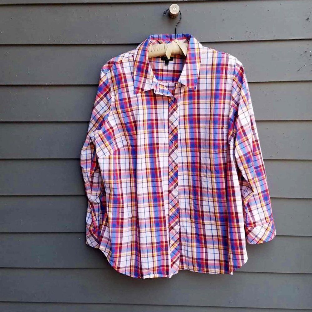 Talbots Plus Blue Red Yellow White Cotton Plais button Down size 2X